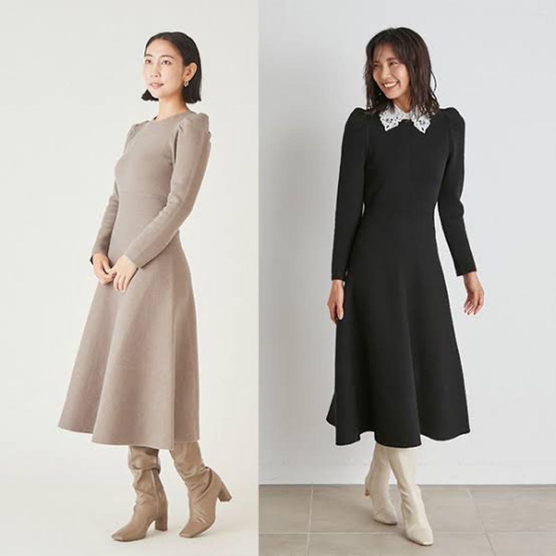 【完売商品】SNIDEL ホワイトレースカラーニットワンピース black