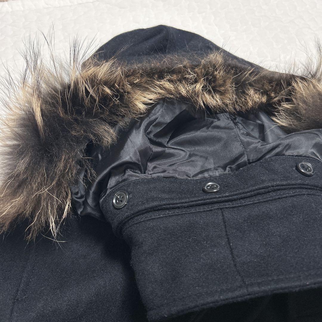 【PPFM】ナポレオンジャケット(M)フード・ラクーンファー付　黒　ウールコート