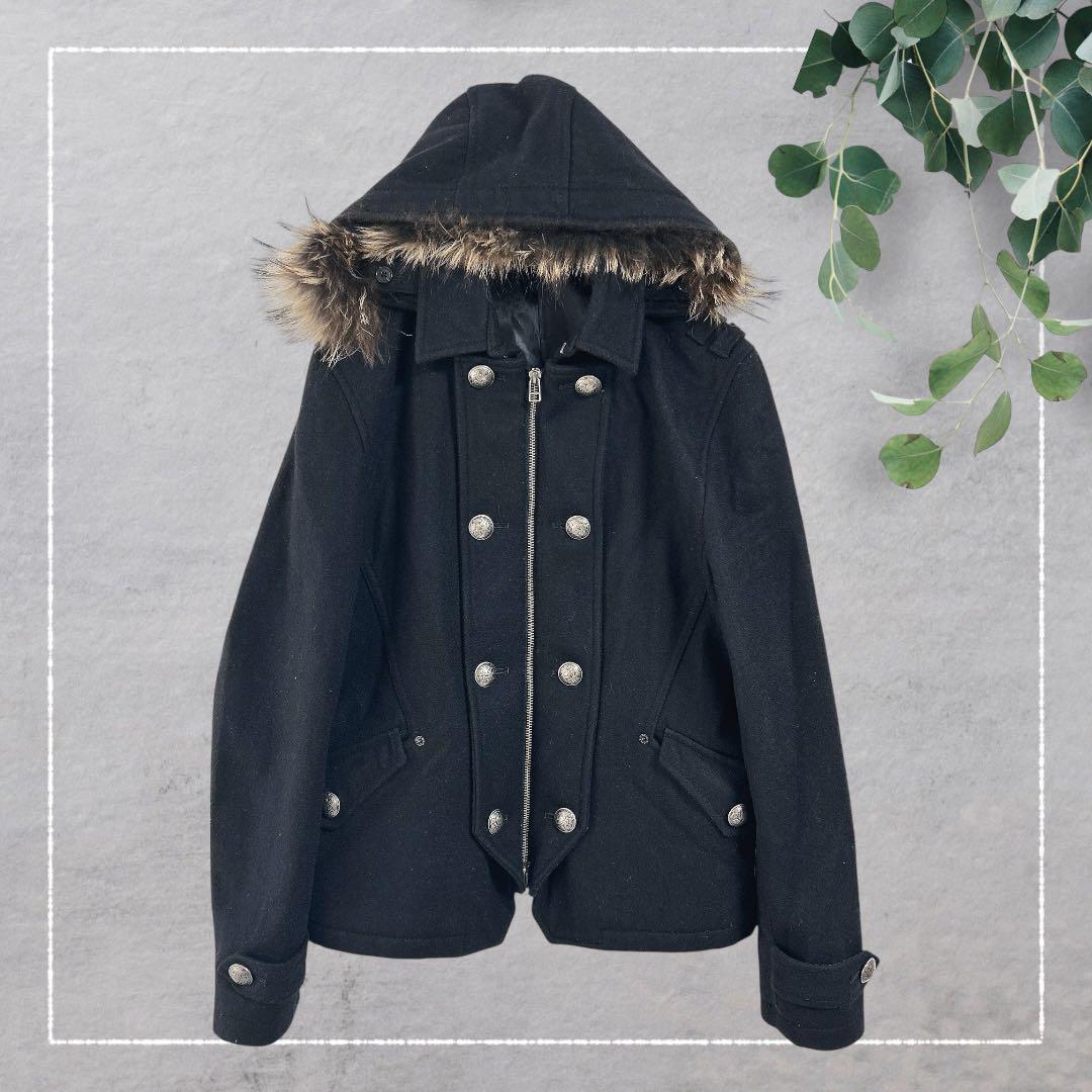 【PPFM】ナポレオンジャケット(M)フード・ラクーンファー付　黒　ウールコート