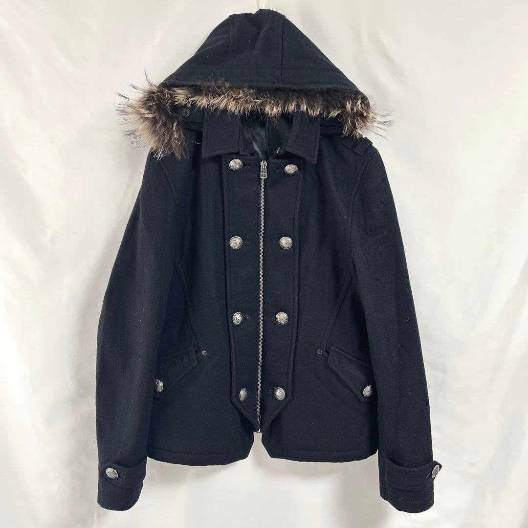 【PPFM】ナポレオンジャケット(M)フード・ラクーンファー付　黒　ウールコート