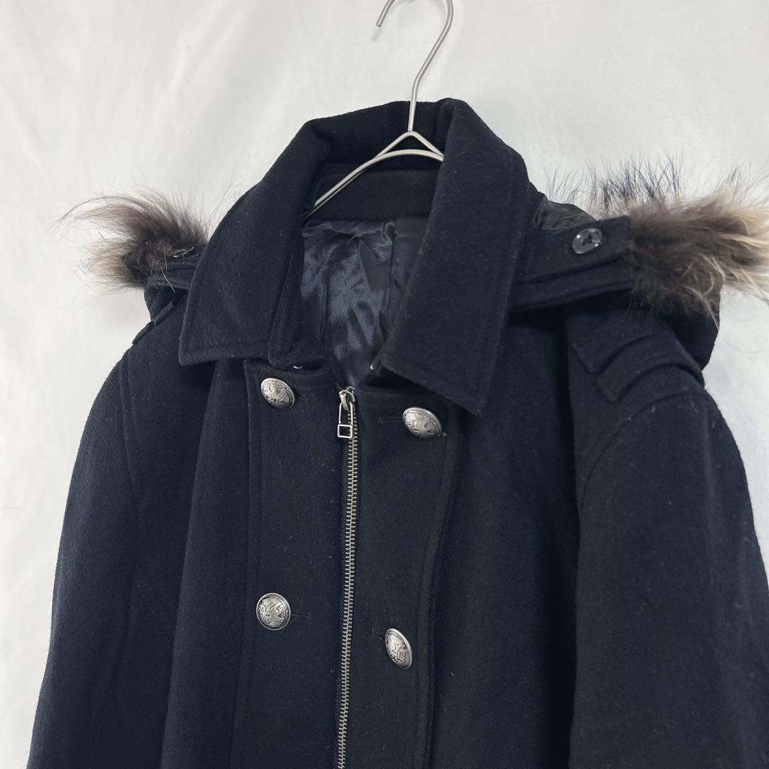 【PPFM】ナポレオンジャケット(M)フード・ラクーンファー付　黒　ウールコート