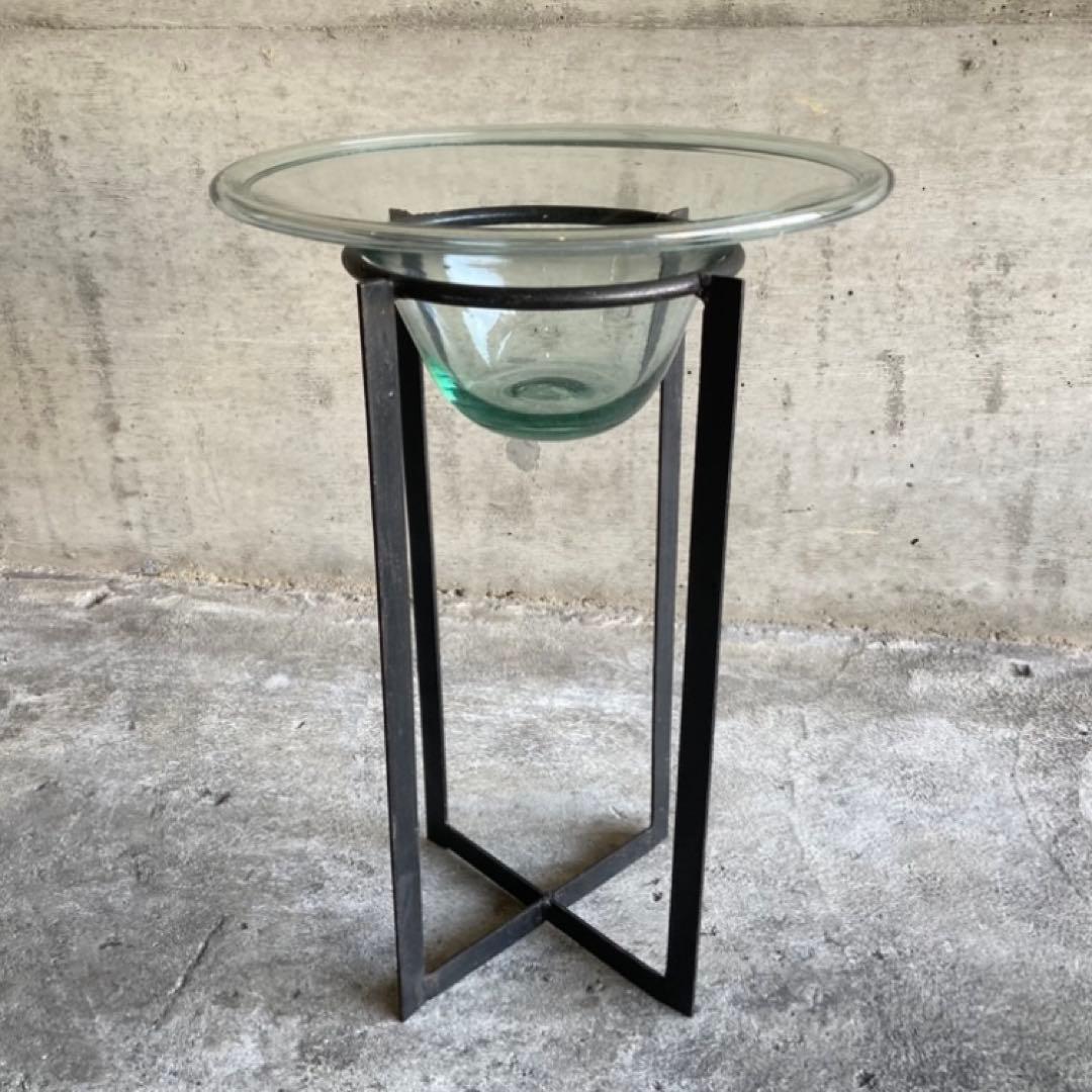 置物 オブジェ 花器 鉢 水盤 ガラス アイアン スタンド 台付 脚付き レトロ