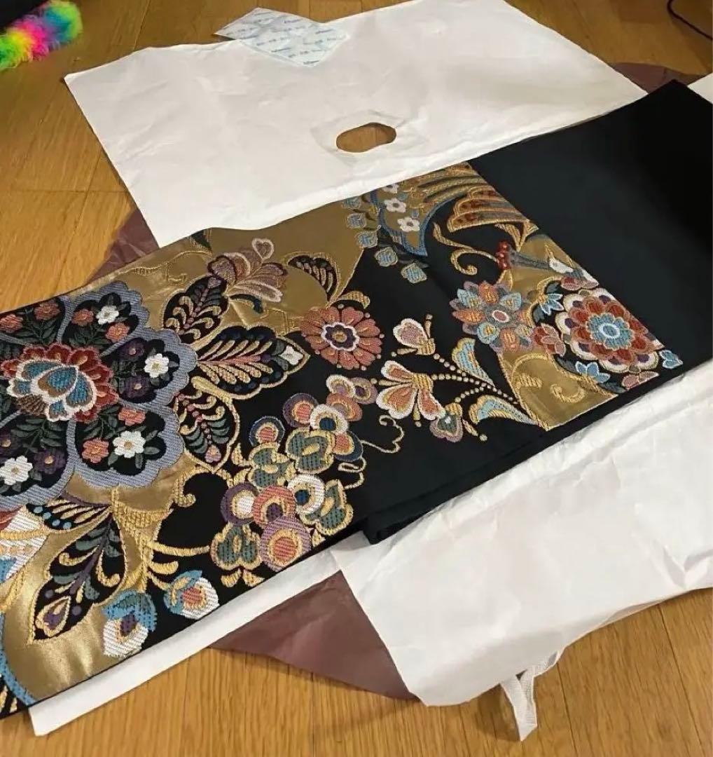 青緑色 花柄 振袖 帯 成人式