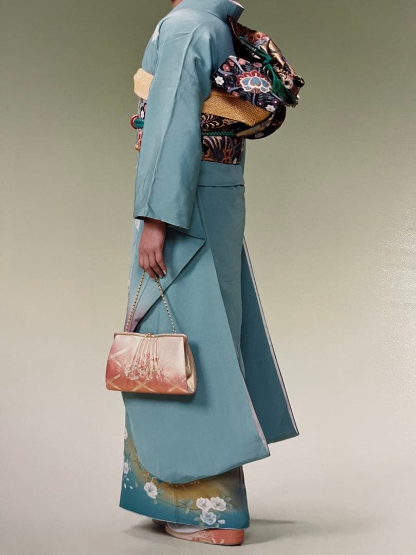 青緑色 花柄 振袖 帯 成人式