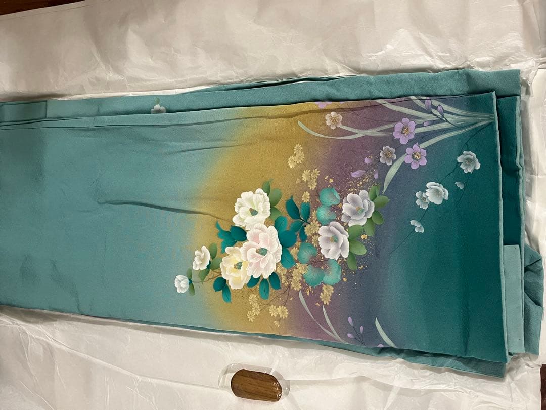 青緑色 花柄 振袖 帯 成人式