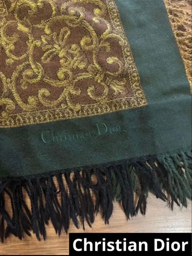 Christian Dior 大判ストール ブラウン・グリーン　ウール100%