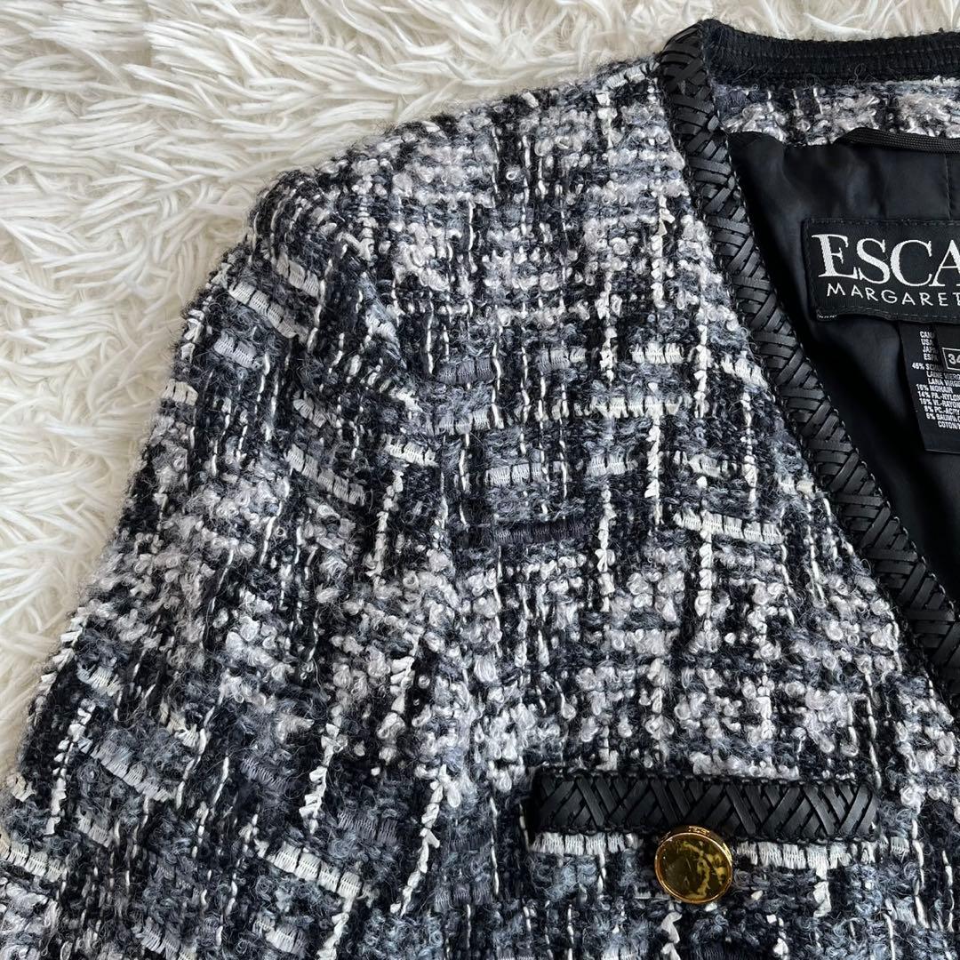 【美品】エスカーダ　ノーカラージャケット　ツイード　ウール　モヘヤ　34