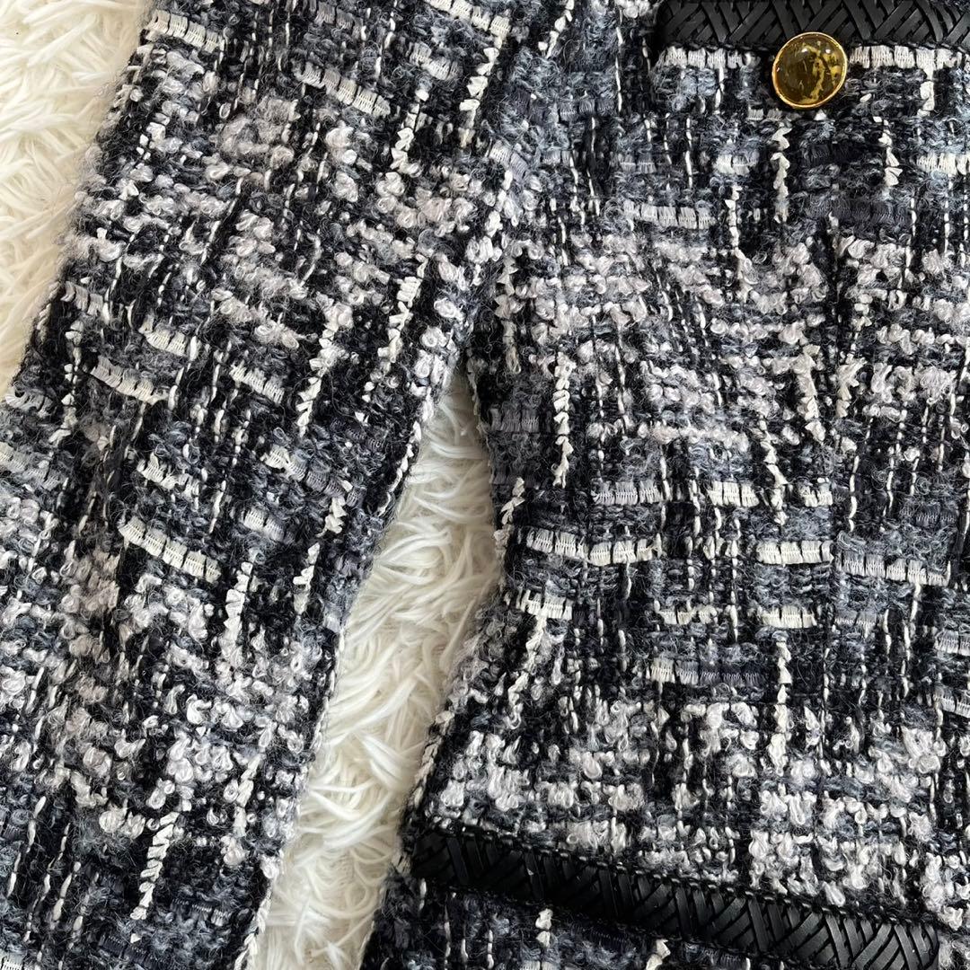 【美品】エスカーダ　ノーカラージャケット　ツイード　ウール　モヘヤ　34