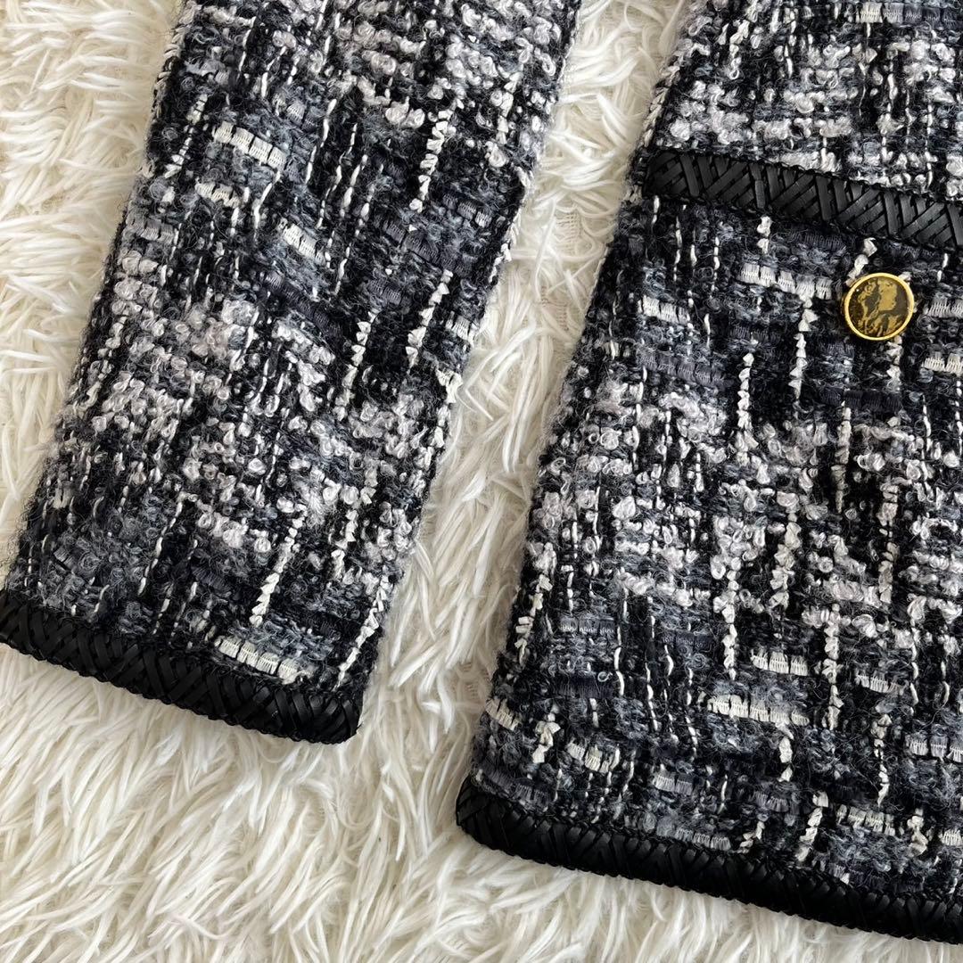 【美品】エスカーダ　ノーカラージャケット　ツイード　ウール　モヘヤ　34