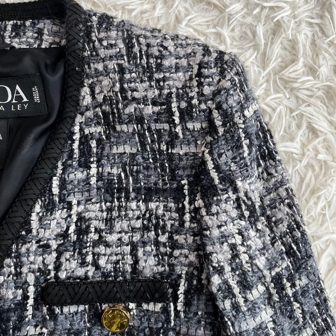 【美品】エスカーダ　ノーカラージャケット　ツイード　ウール　モヘヤ　34