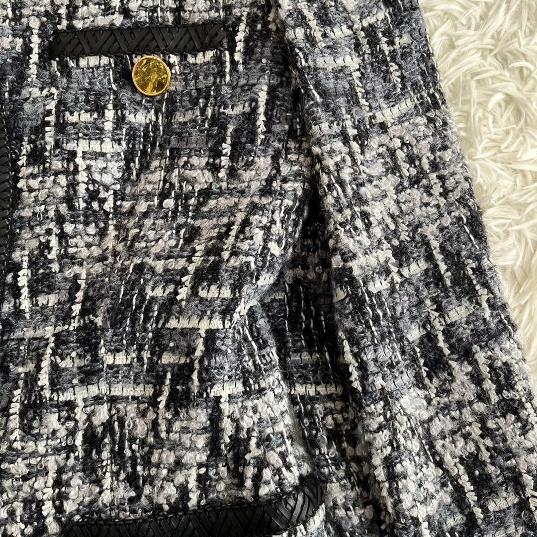 【美品】エスカーダ　ノーカラージャケット　ツイード　ウール　モヘヤ　34