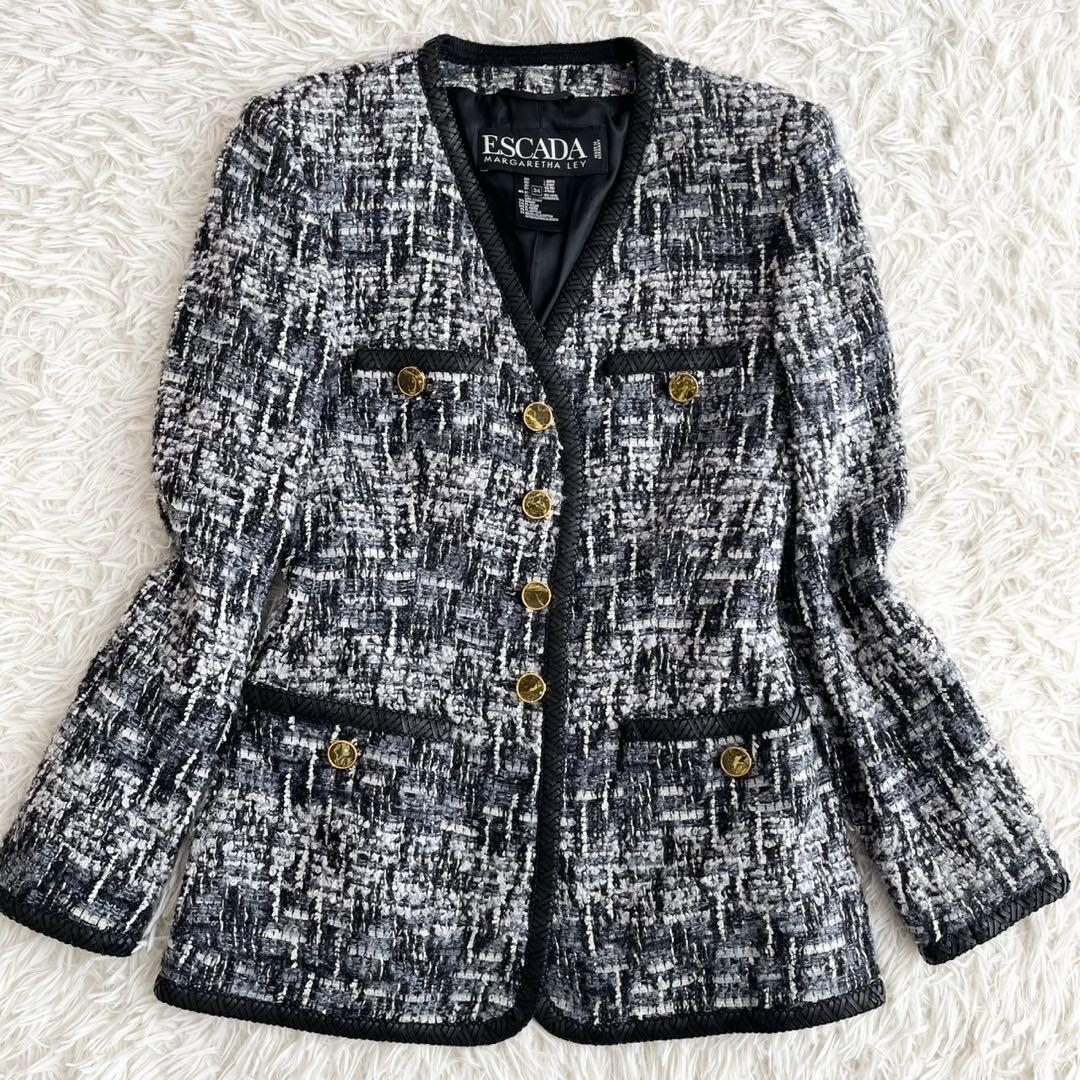 【美品】エスカーダ　ノーカラージャケット　ツイード　ウール　モヘヤ　34