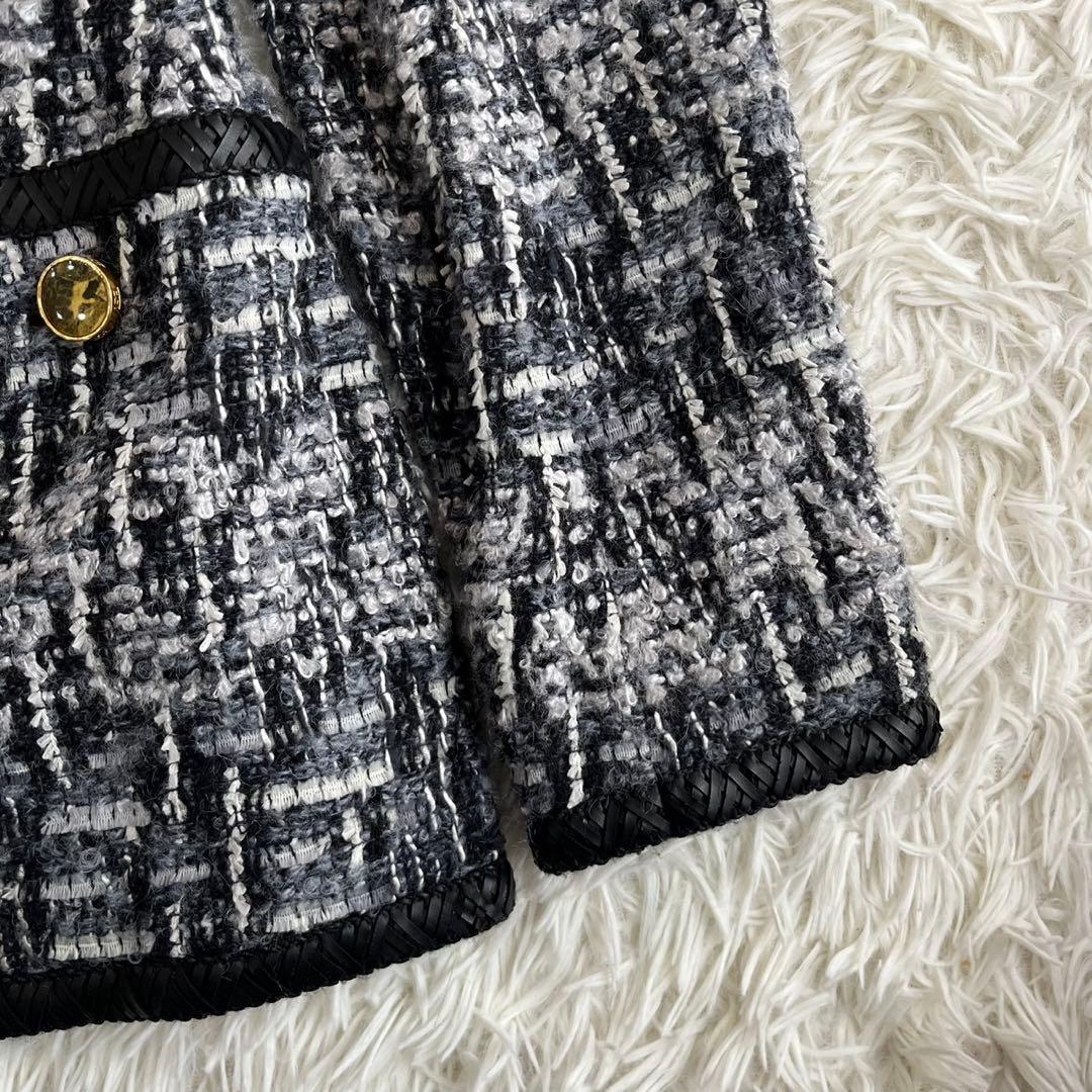 【美品】エスカーダ　ノーカラージャケット　ツイード　ウール　モヘヤ　34