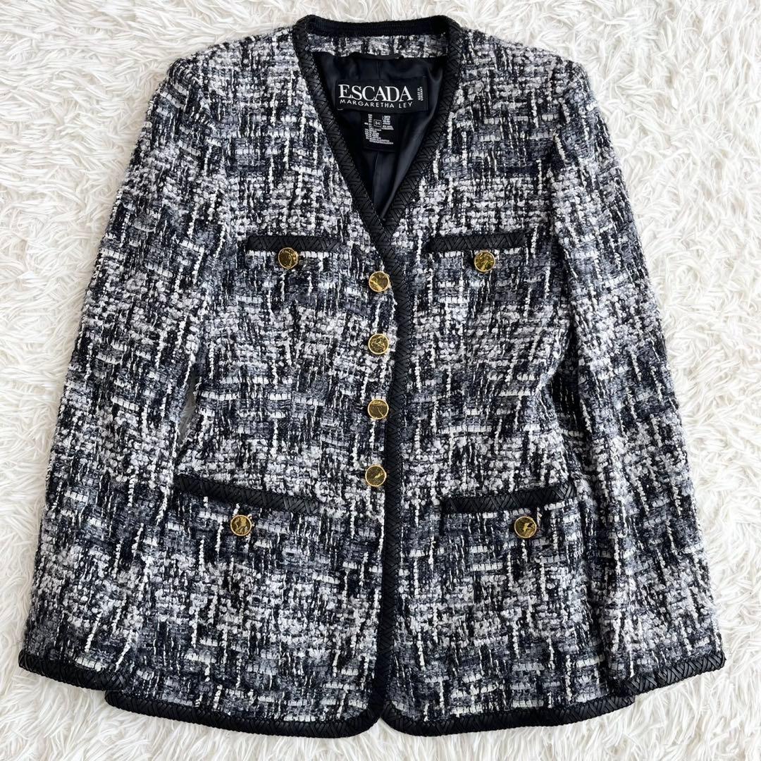 【美品】エスカーダ　ノーカラージャケット　ツイード　ウール　モヘヤ　34