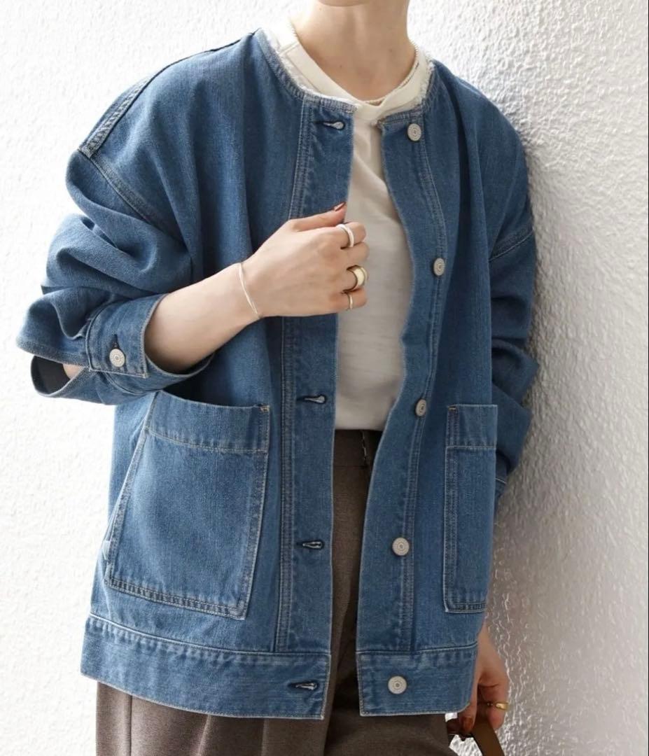 SHIPS any ノーカラーデニムブルゾン