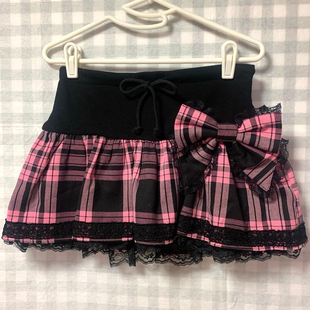 TRALALA ピンク チェック柄 レース リボン付き スカパン