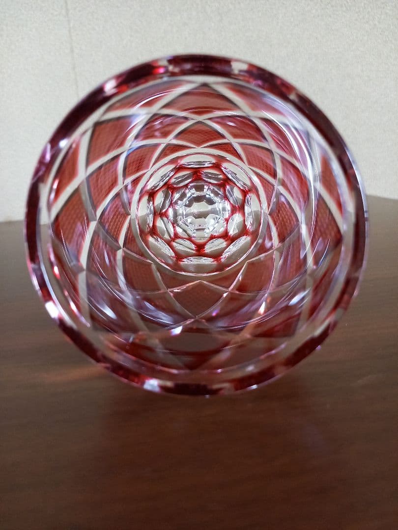 島津 薩摩切子　脚付杯　金赤