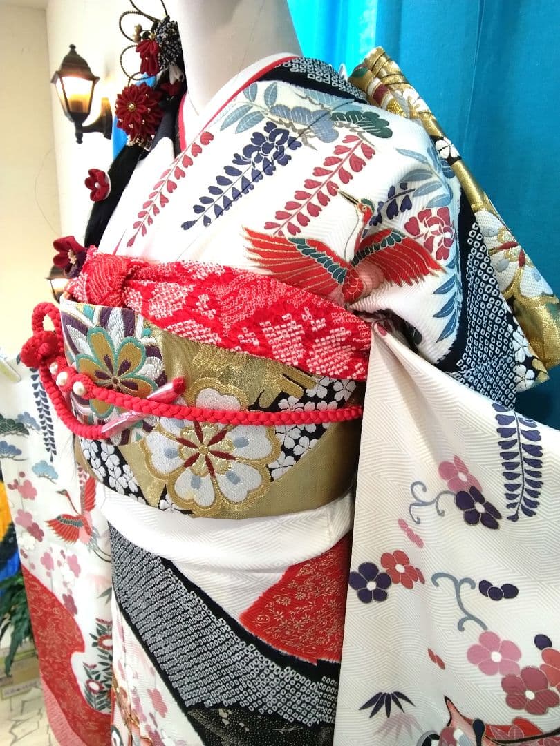 振袖フルセット、正絹絞り振袖、成人式、重ね衿帯揚げ帯締め、西陣袋帯、襦袢