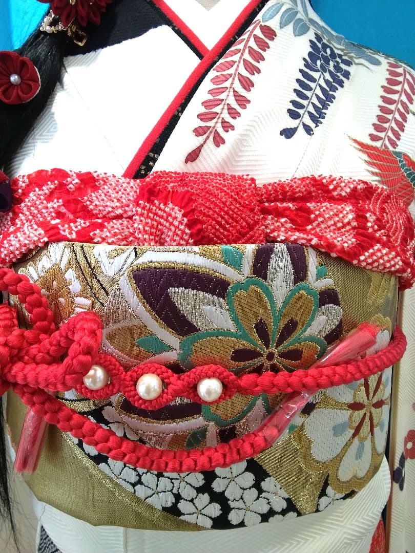 振袖フルセット、正絹絞り振袖、成人式、重ね衿帯揚げ帯締め、西陣袋帯、襦袢