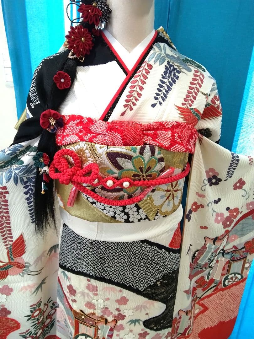 振袖フルセット、正絹絞り振袖、成人式、重ね衿帯揚げ帯締め、西陣袋帯、襦袢