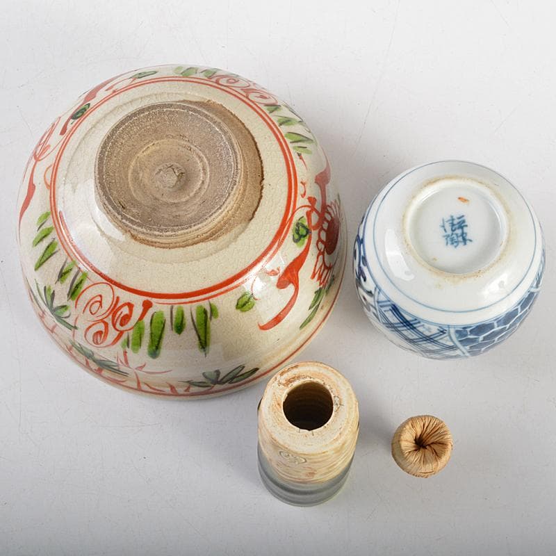 クローバー　利休茶箱赤絵竹花文茶碗棗など八点　一式　仕覆付　M　R7184