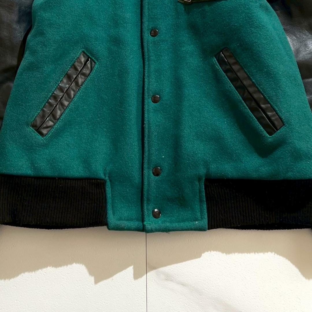 希少70s　ヴィンテージ　スタジャン　袖レザー　ウールメルトン　キルティング　緑