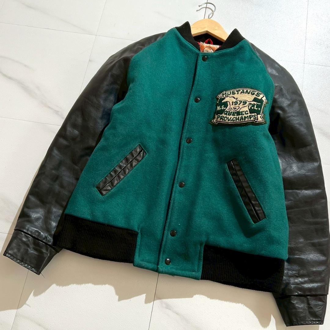 希少70s　ヴィンテージ　スタジャン　袖レザー　ウールメルトン　キルティング　緑