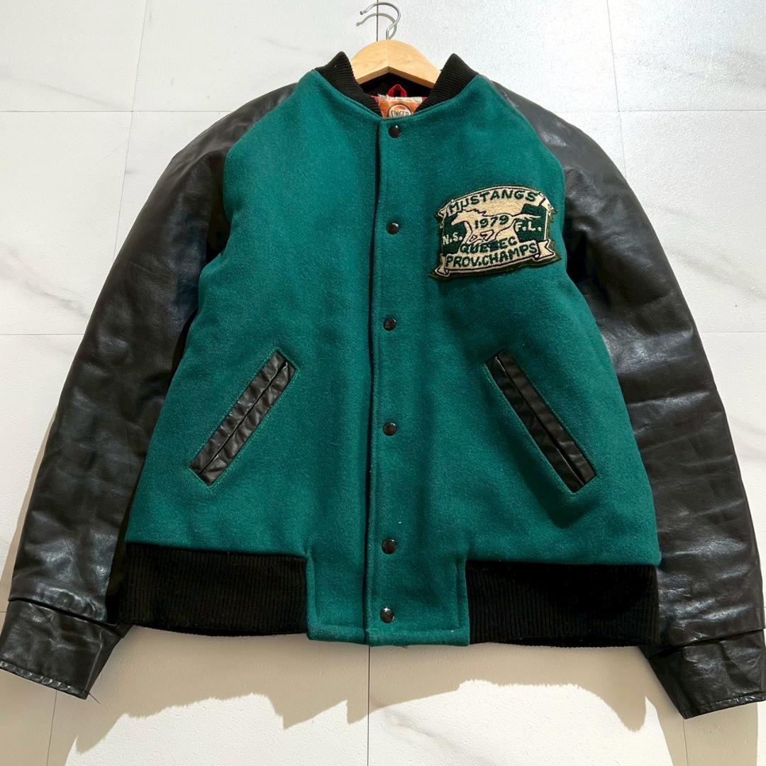 希少70s　ヴィンテージ　スタジャン　袖レザー　ウールメルトン　キルティング　緑