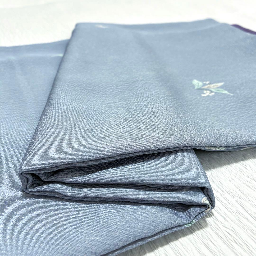 【良品✨】東レシルック　洗える着物　飛び柄小紋　浅葱鼠　葉と実　手縫い仕立てK5