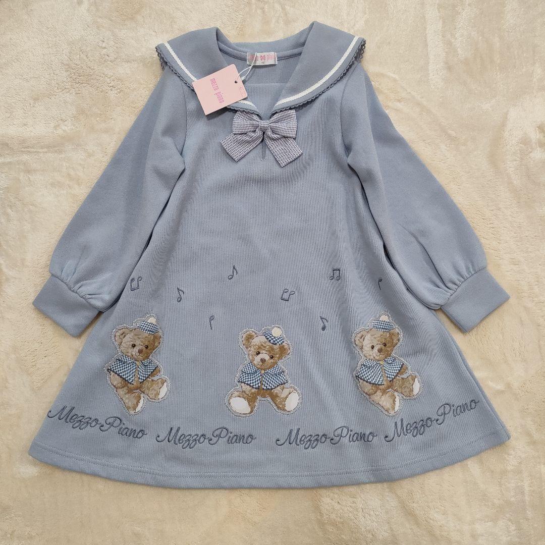 タグ付き新品 メゾピアノ くまアップリケ セーラーカットワンピース リボン