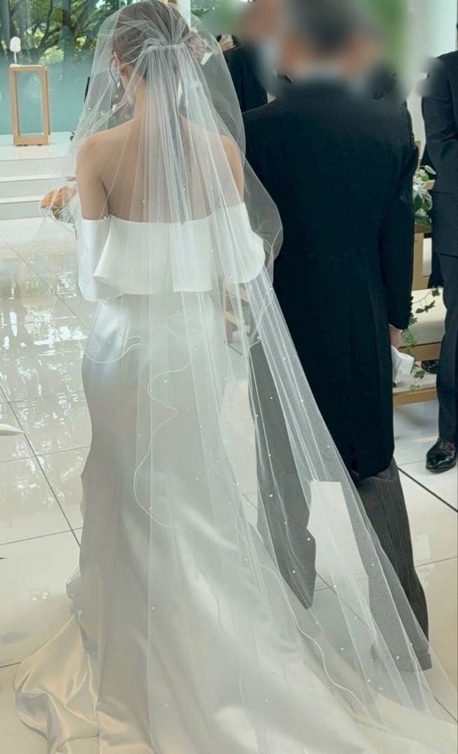 ホワイト パール付きロングウェディングベール