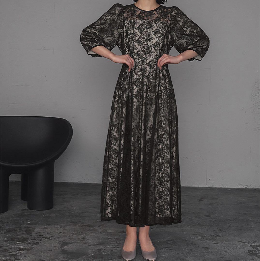 パフスリーブ総レースフレアロング結婚式ワンピース パーティードレスお呼ばれ二次会