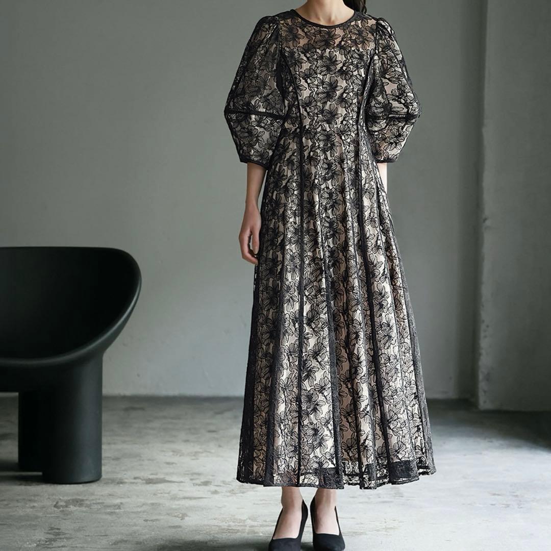 パフスリーブ総レースフレアロング結婚式ワンピース パーティードレスお呼ばれ二次会