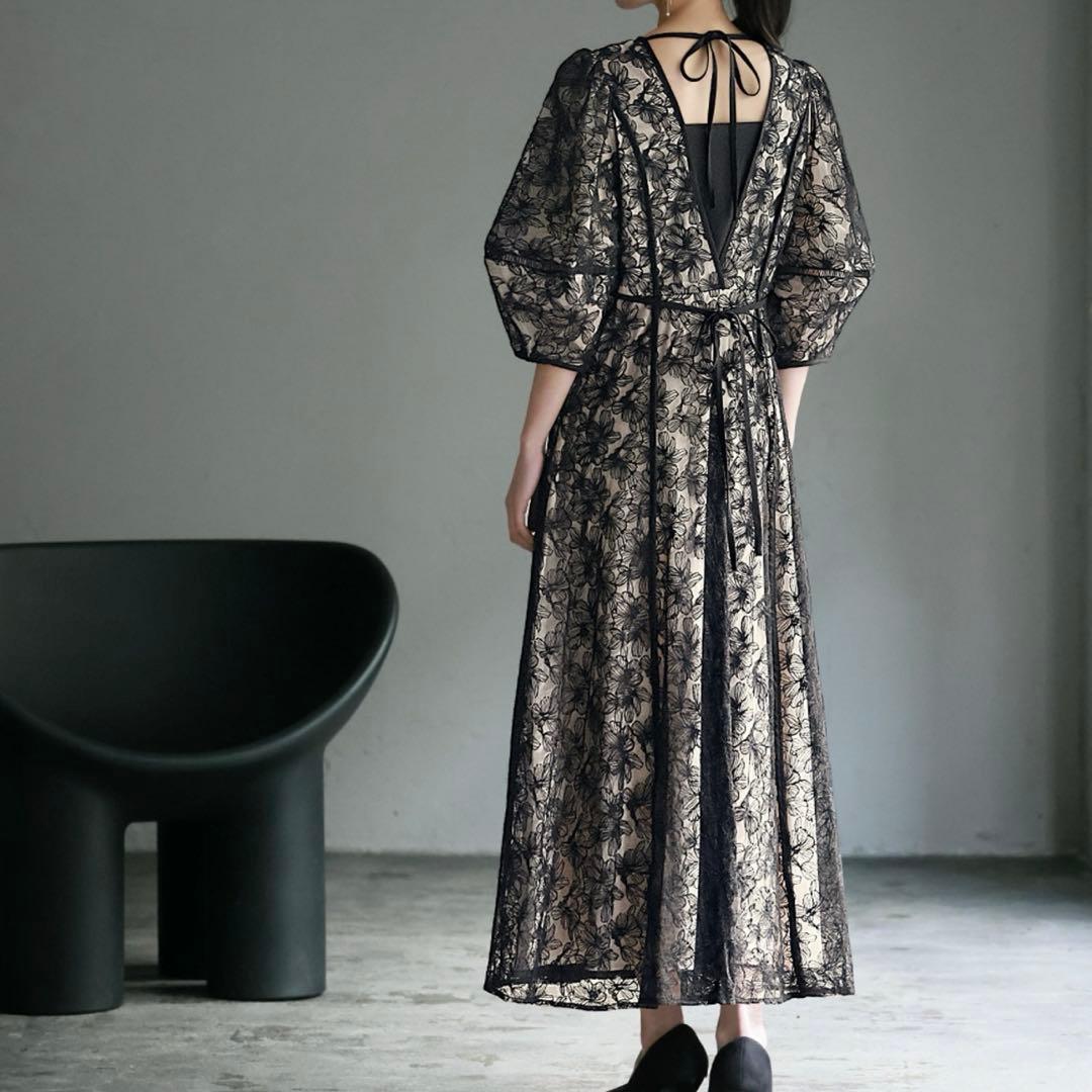 パフスリーブ総レースフレアロング結婚式ワンピース パーティードレスお呼ばれ二次会