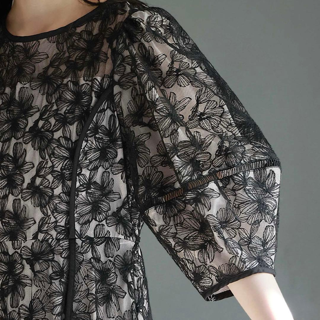 パフスリーブ総レースフレアロング結婚式ワンピース パーティードレスお呼ばれ二次会