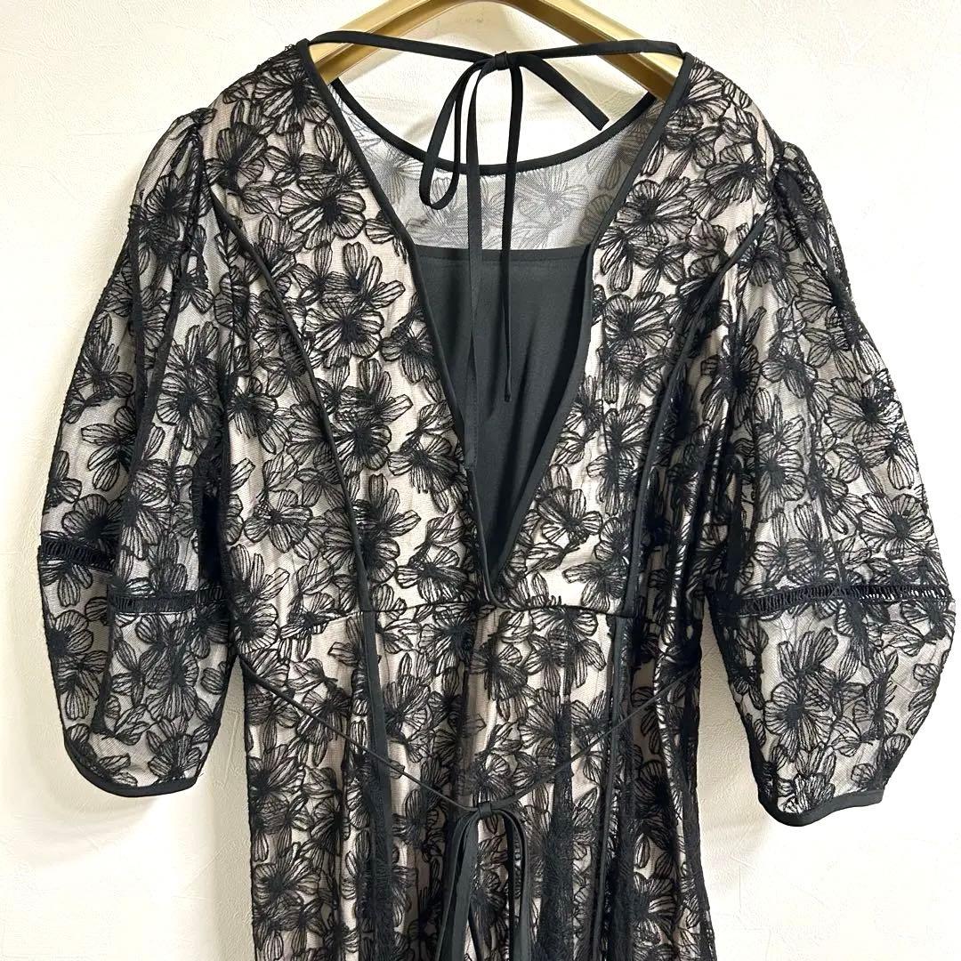 パフスリーブ総レースフレアロング結婚式ワンピース パーティードレスお呼ばれ二次会