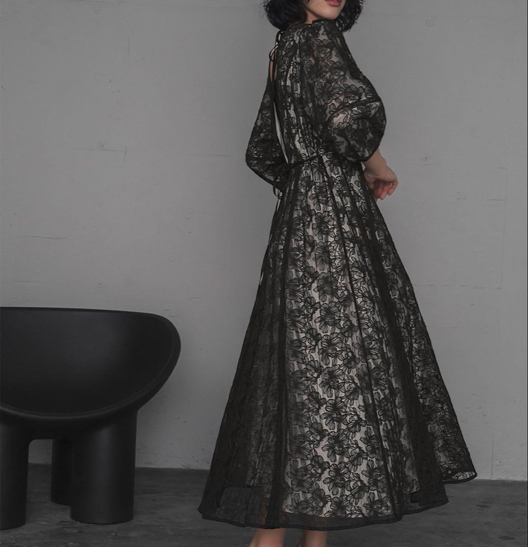 パフスリーブ総レースフレアロング結婚式ワンピース パーティードレスお呼ばれ二次会