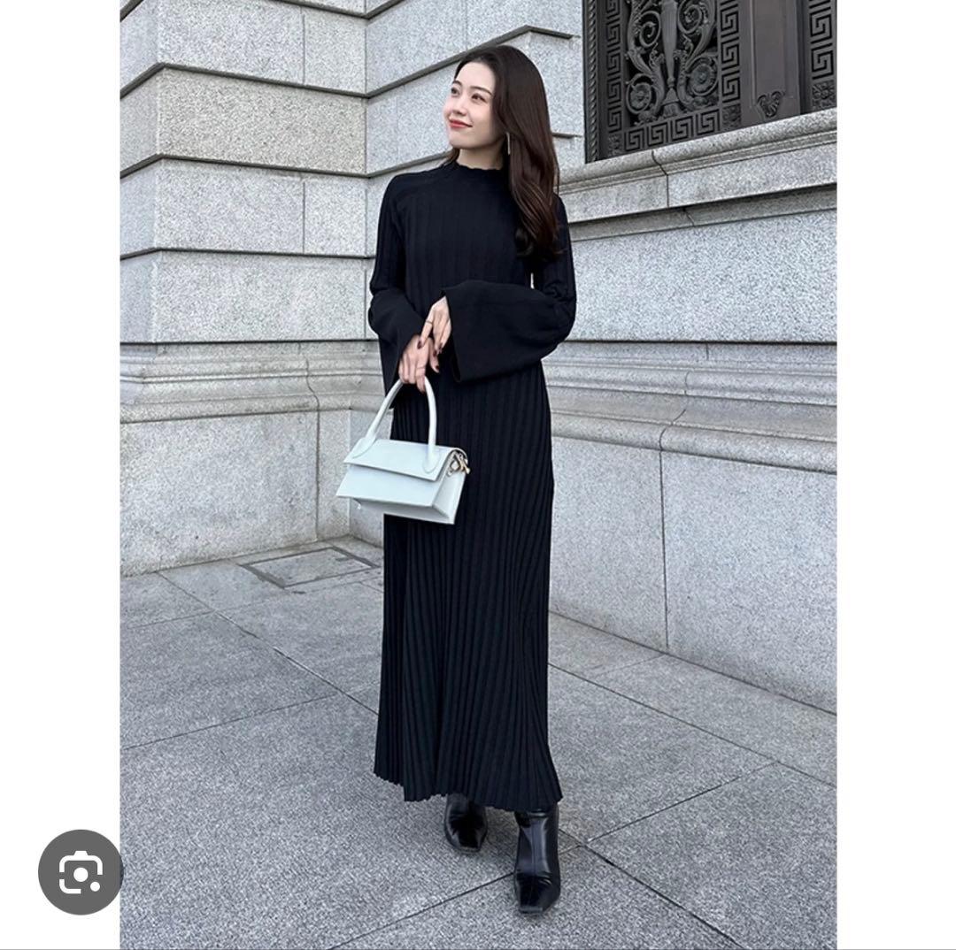 anuans ベルスリーブリブワンピース ネイビー ニット