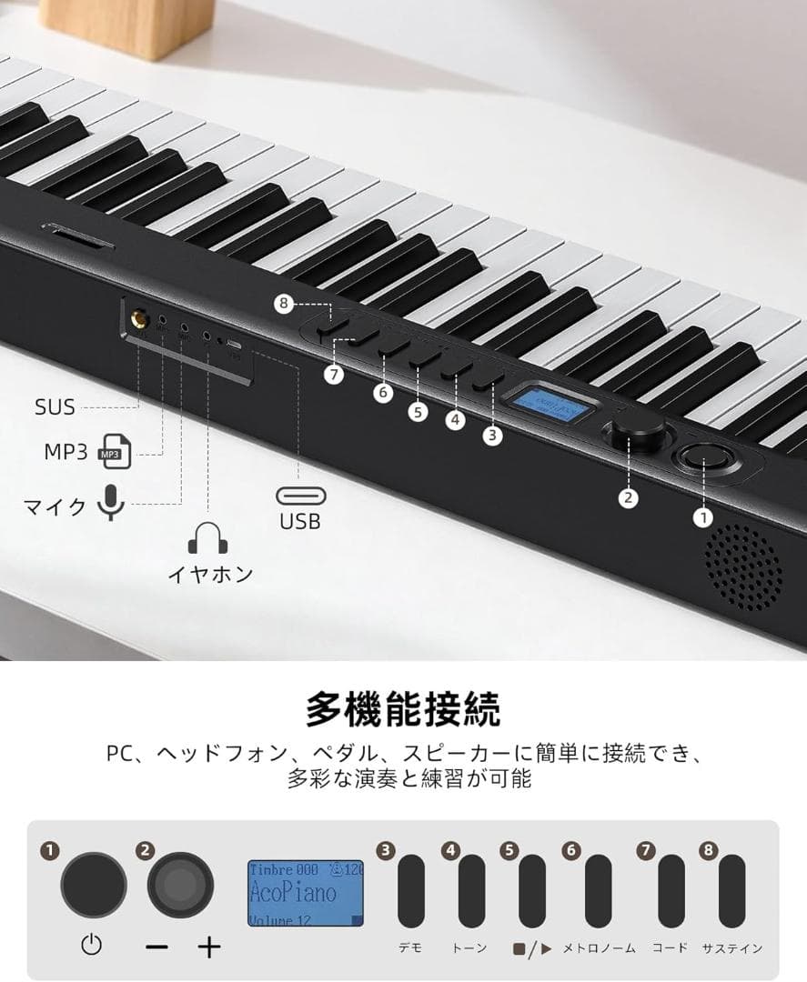 LEKATO 折りたたみ 88鍵 電子ピアノ 木目調 ポータブル