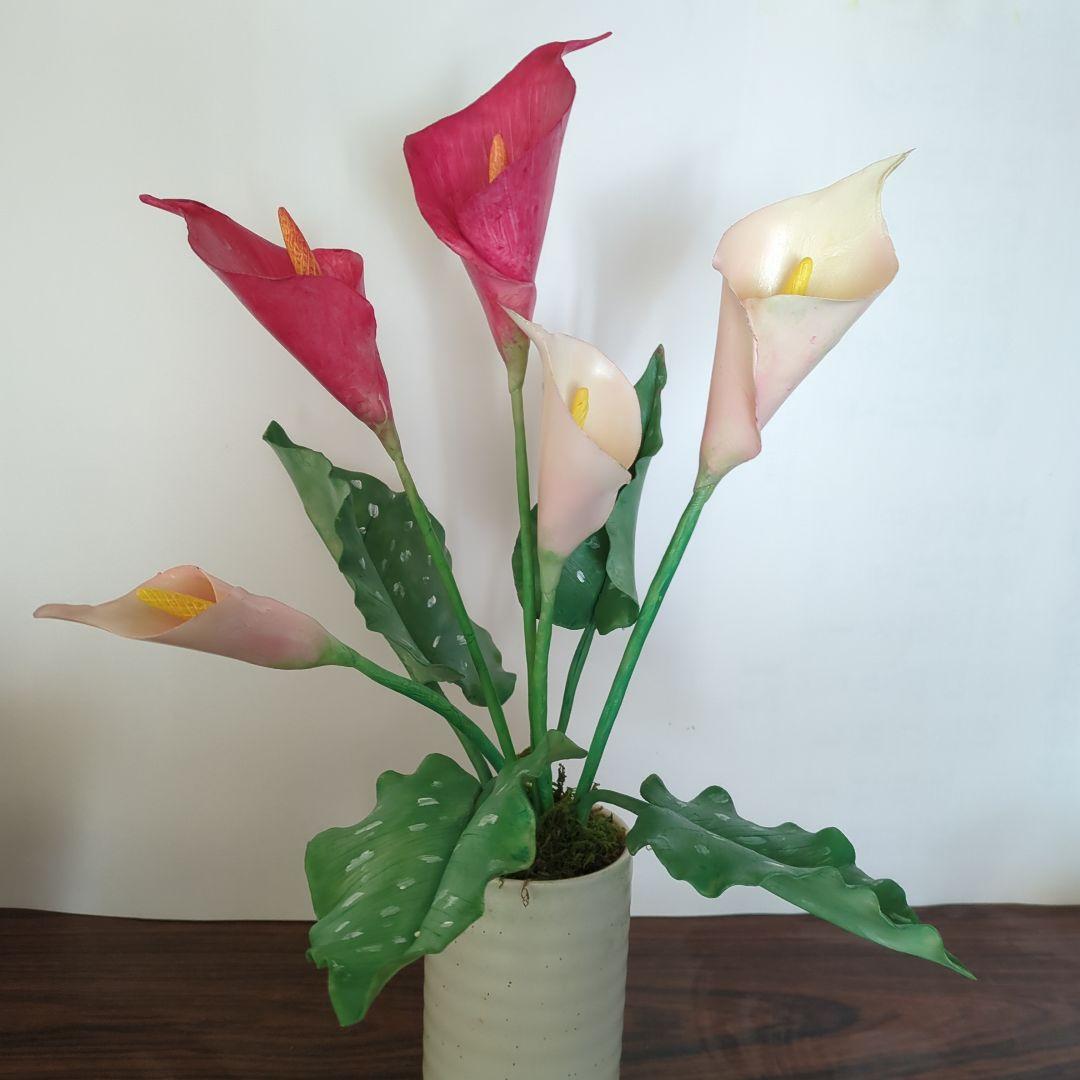 パンフラワー、黄色の花の寄植え・カラーの2点(樹脂粘土、ハンドメイド)