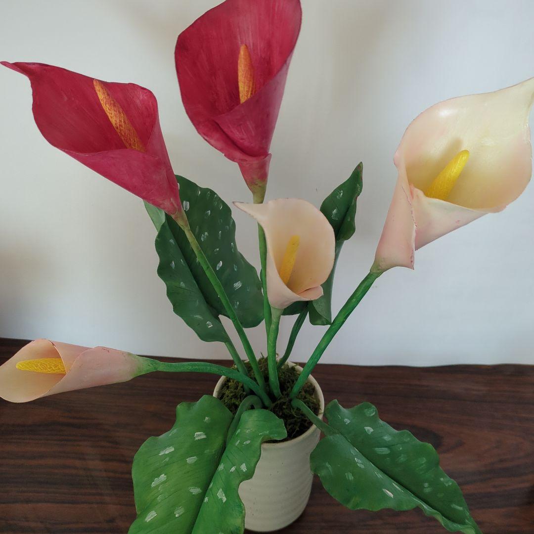 パンフラワー、黄色の花の寄植え・カラーの2点(樹脂粘土、ハンドメイド)