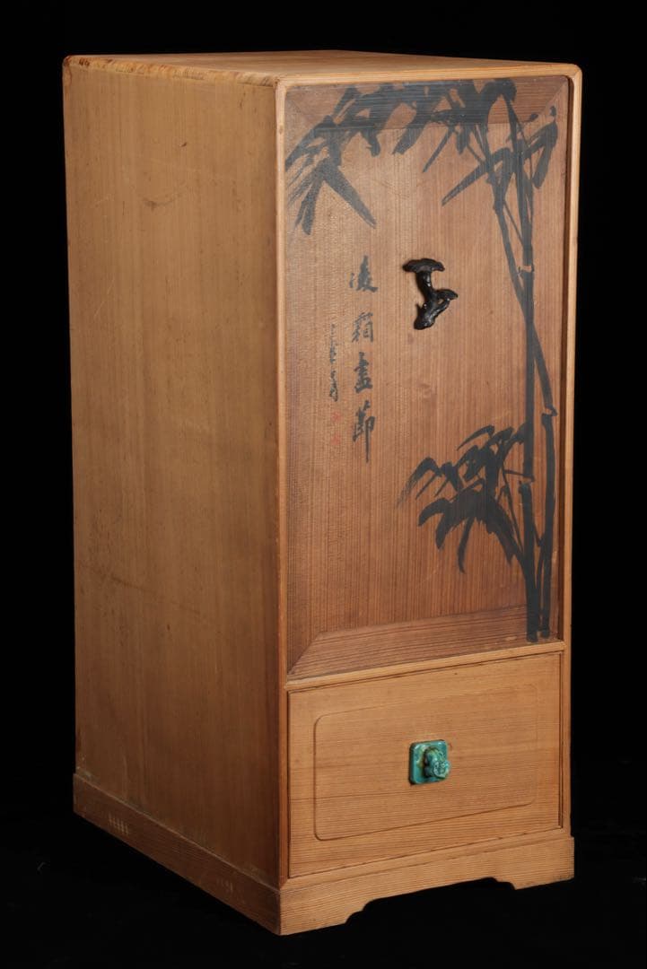 木製器局 茶棚 茶箱 文箱 書画箱 竹図牡丹図 陶製獅子取手 美術工芸品 骨董品