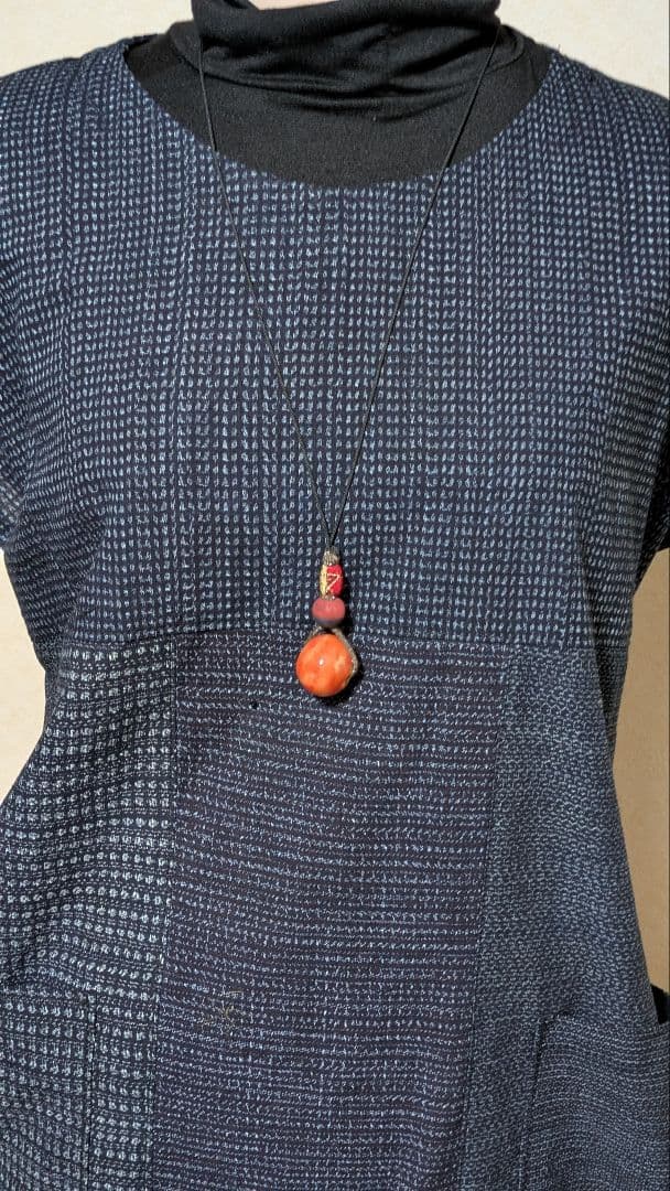 書生絣久留米絣　古布　藍染着物リメイクロングワンピース117