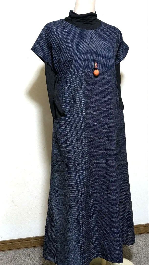 書生絣久留米絣　古布　藍染着物リメイクロングワンピース117