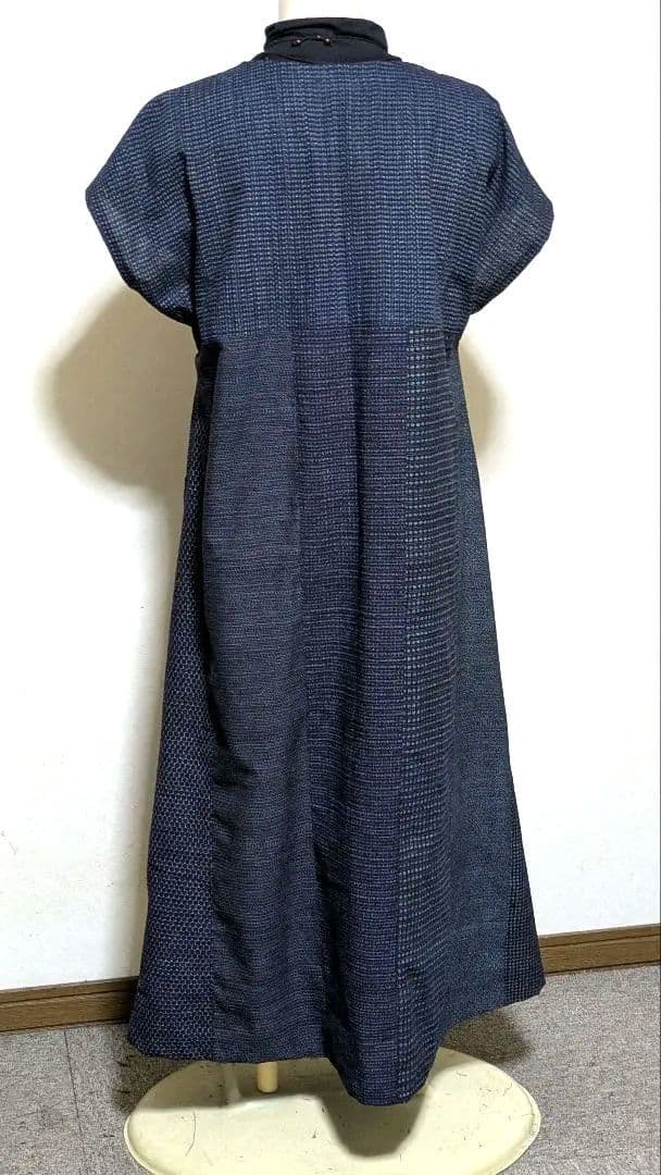 書生絣久留米絣　古布　藍染着物リメイクロングワンピース117