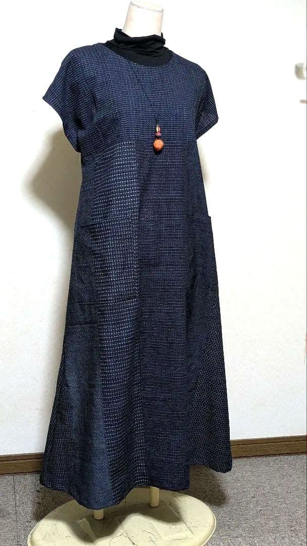 書生絣久留米絣　古布　藍染着物リメイクロングワンピース117