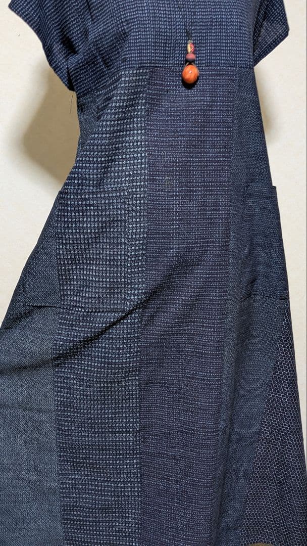 書生絣久留米絣　古布　藍染着物リメイクロングワンピース117