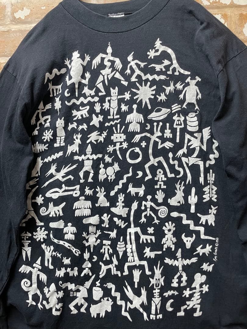 80s Ken Brown ケンブラウン　ロンT 民族　総柄　黒　USA製
