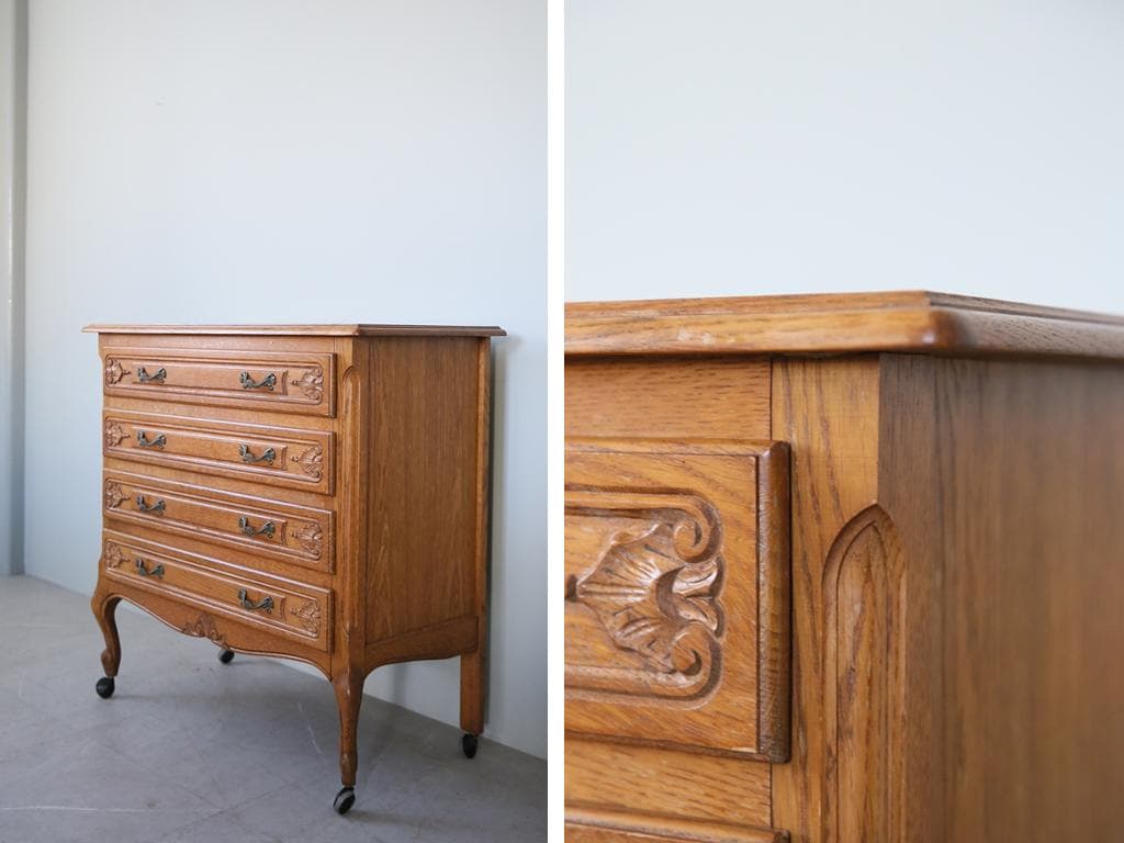 フランスアンティーク猫脚4杯ドロワー/木製チェスト/タンス/飾り棚(86-166