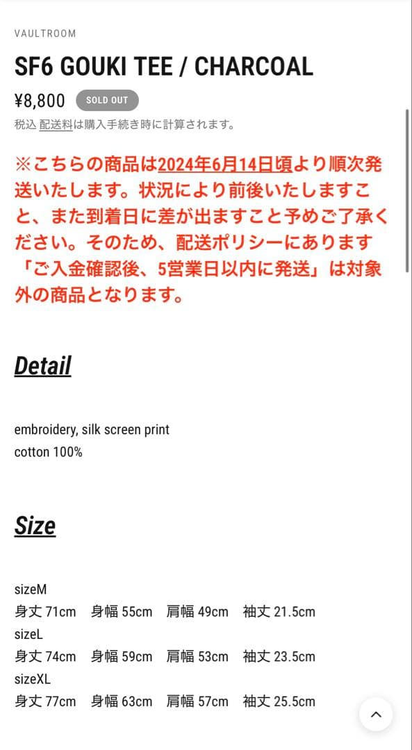 【新品未開封】 vaultroom SF6 Tシャツ　XL